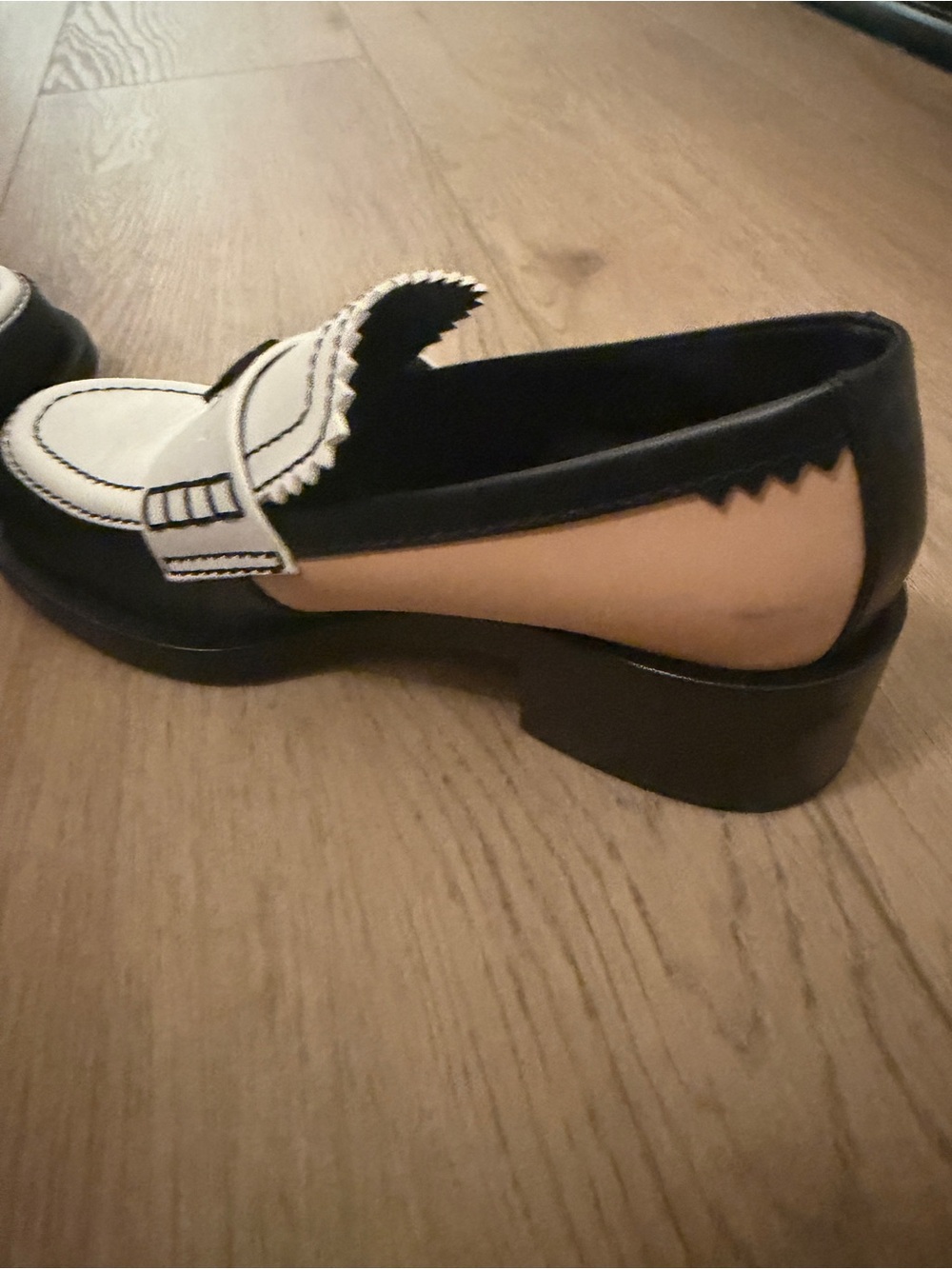 💯 Authentic - CHANEL White and Black Leather Penny Loafers with Tan Accent - Picture 6 of 7